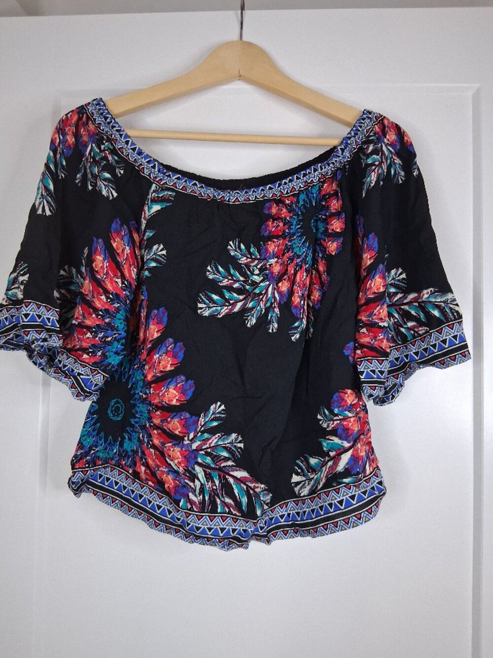 Flying Tomato Boho Peasant Blouse M Black Floral Off Shoulder Bell Sleeve